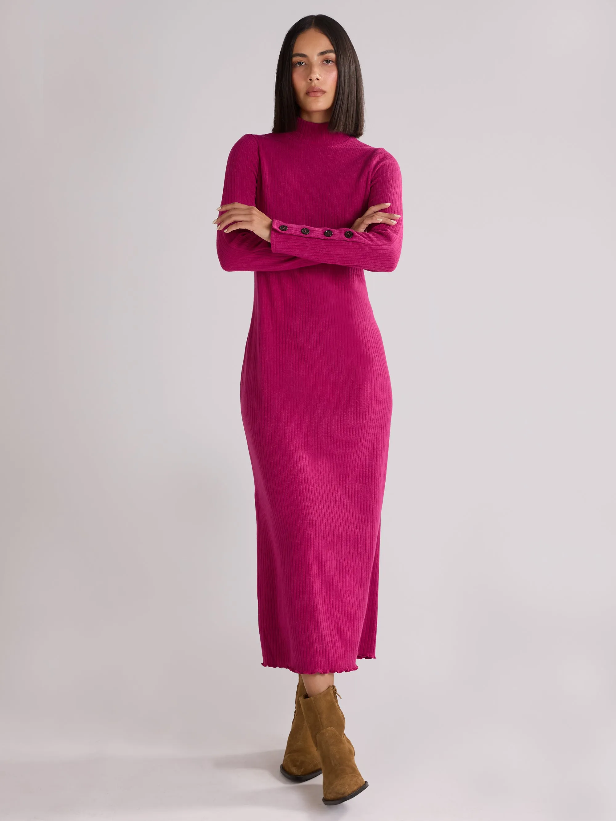 Berry Rib Knit High Neck Dress