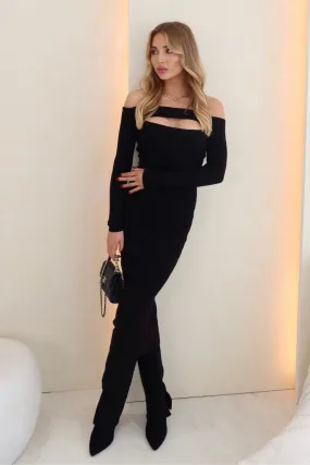 Camilla black off shoulder ribbed maxi dress