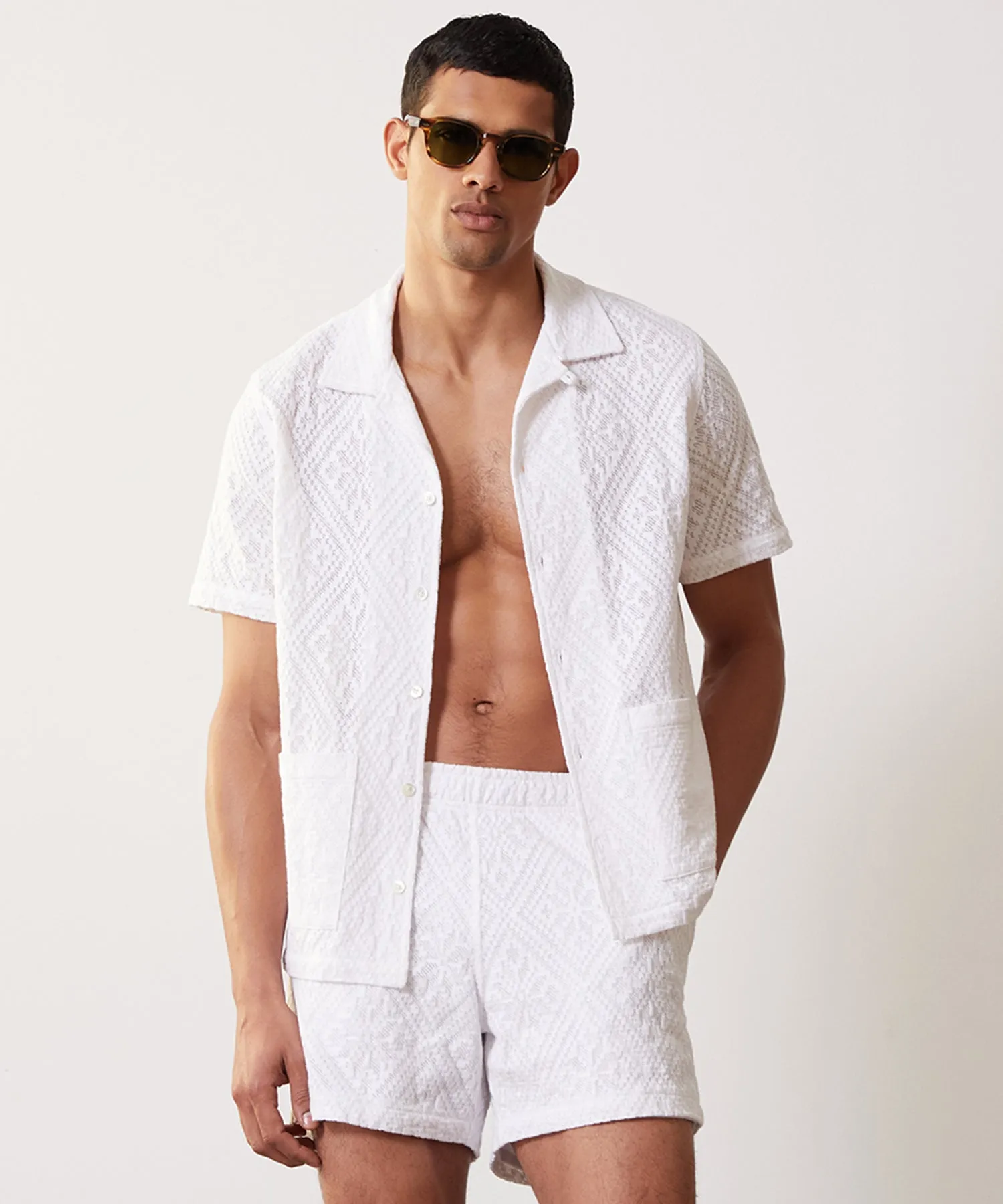 Cotton Jacquard Guayabera Polo Shirt in White