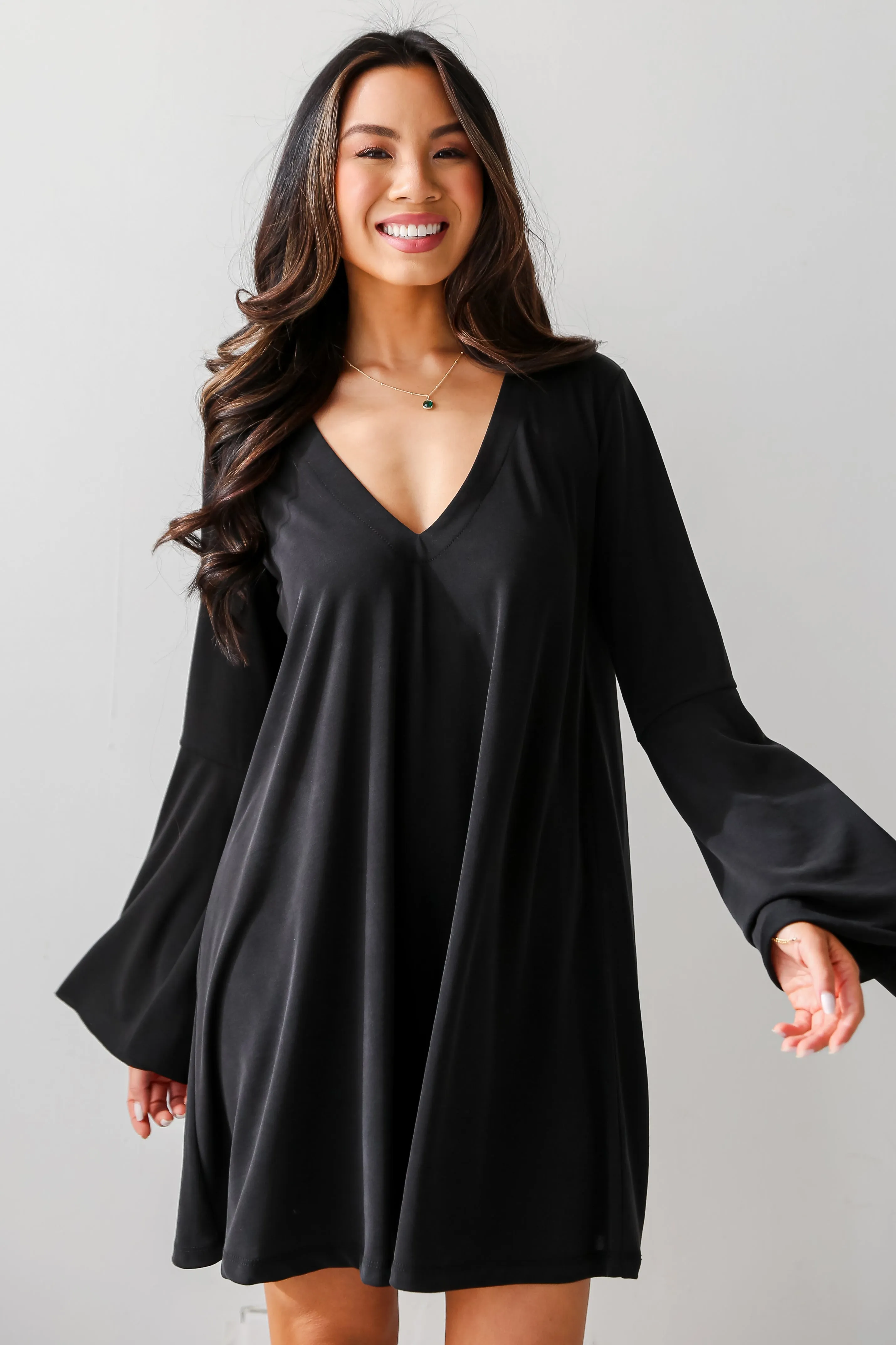 FINAL SALE - Flirty Delight Black Bell Sleeve Mini Dress