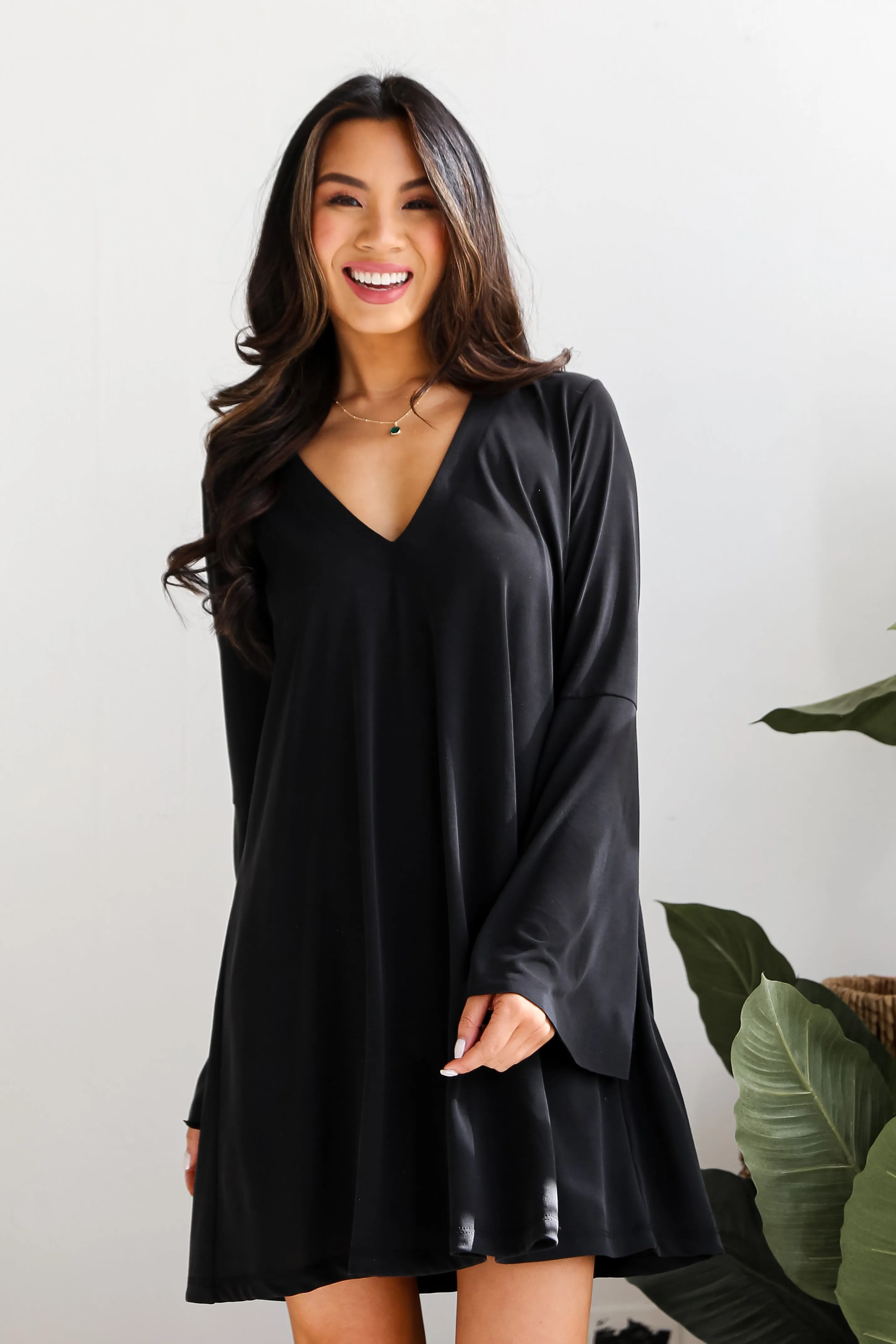 FINAL SALE - Flirty Delight Black Bell Sleeve Mini Dress