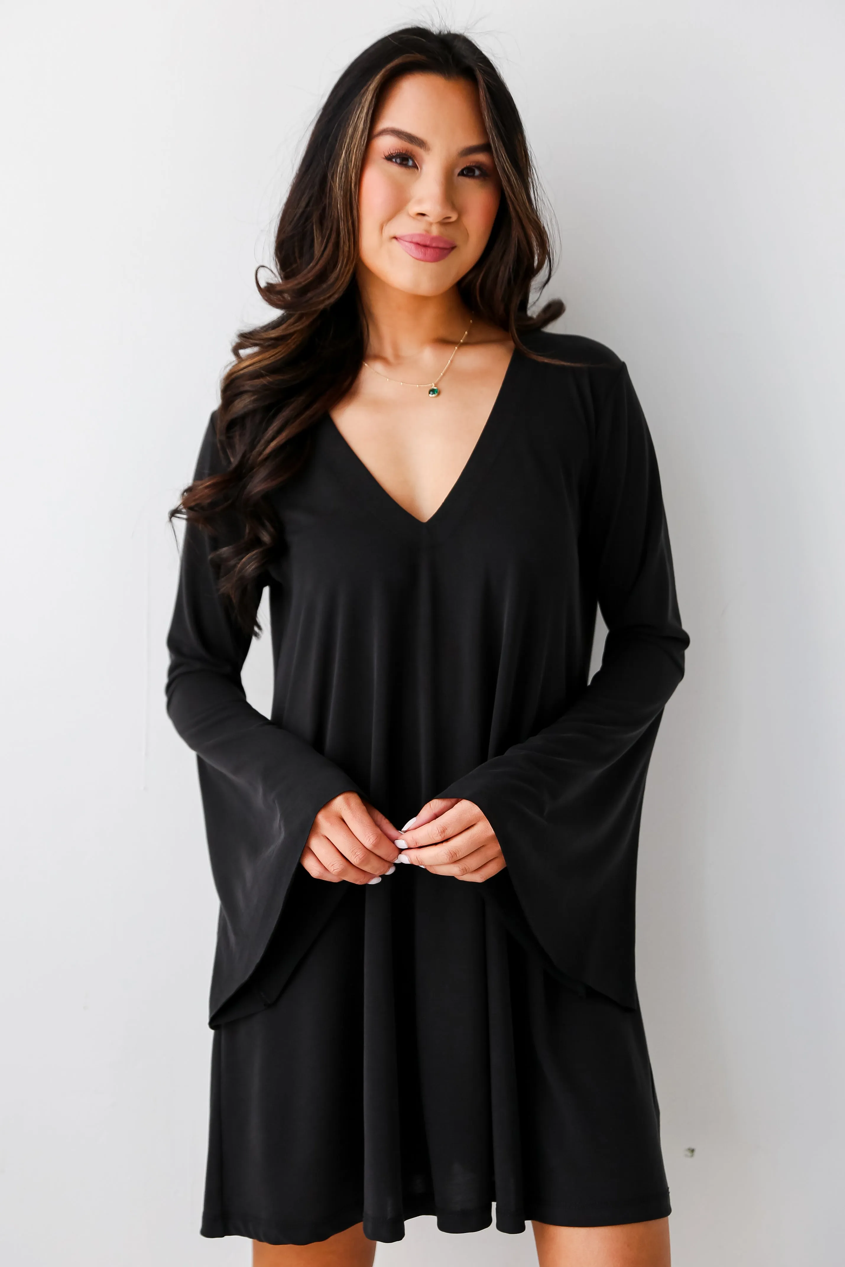 FINAL SALE - Flirty Delight Black Bell Sleeve Mini Dress