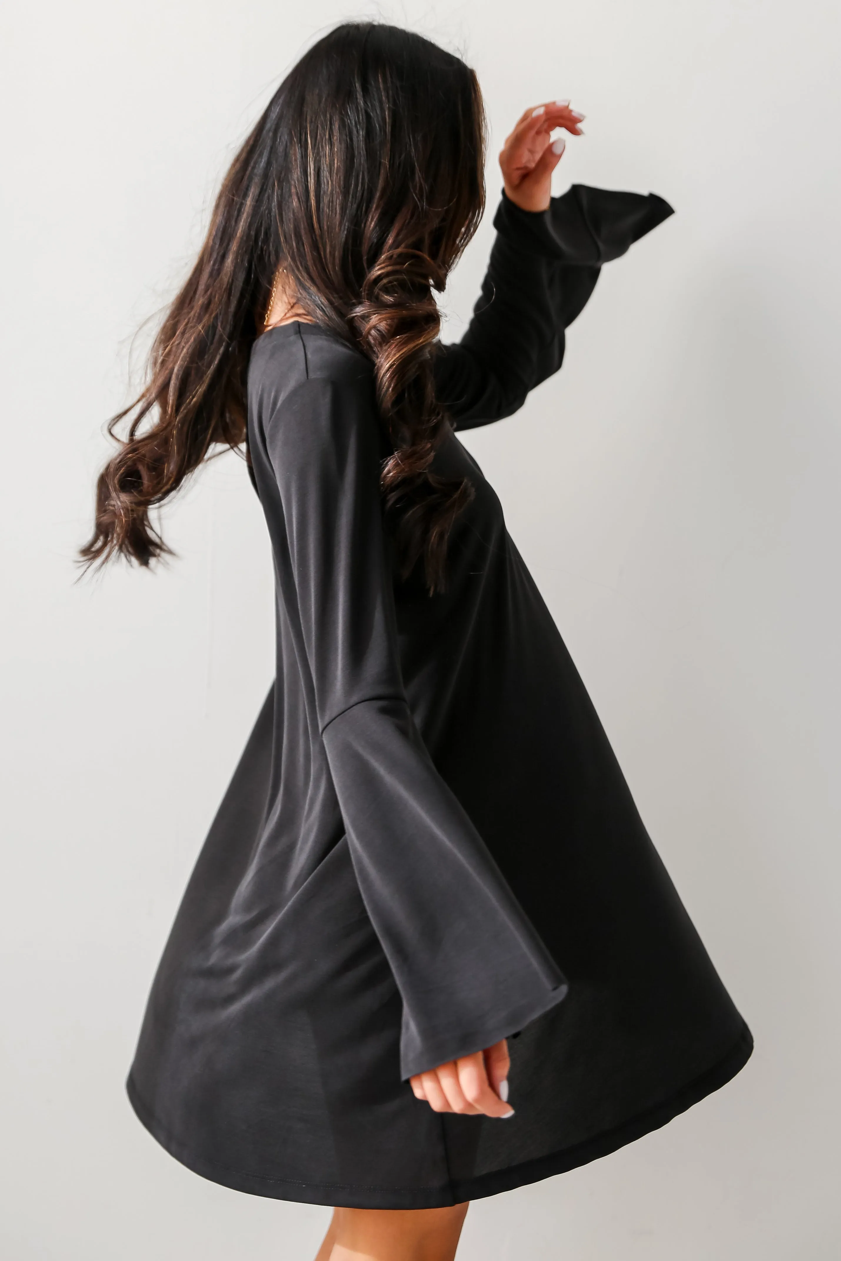 FINAL SALE - Flirty Delight Black Bell Sleeve Mini Dress