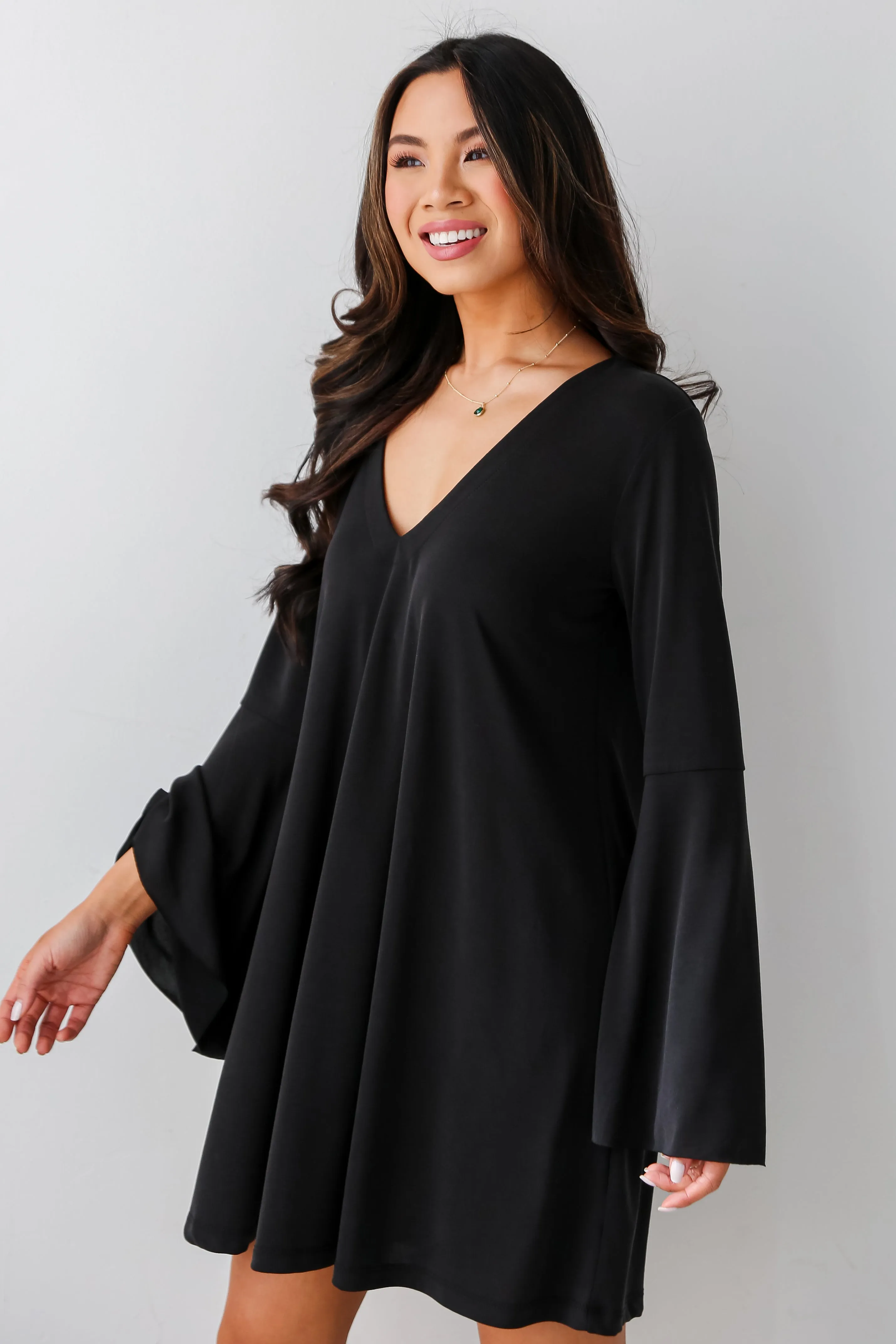 FINAL SALE - Flirty Delight Black Bell Sleeve Mini Dress
