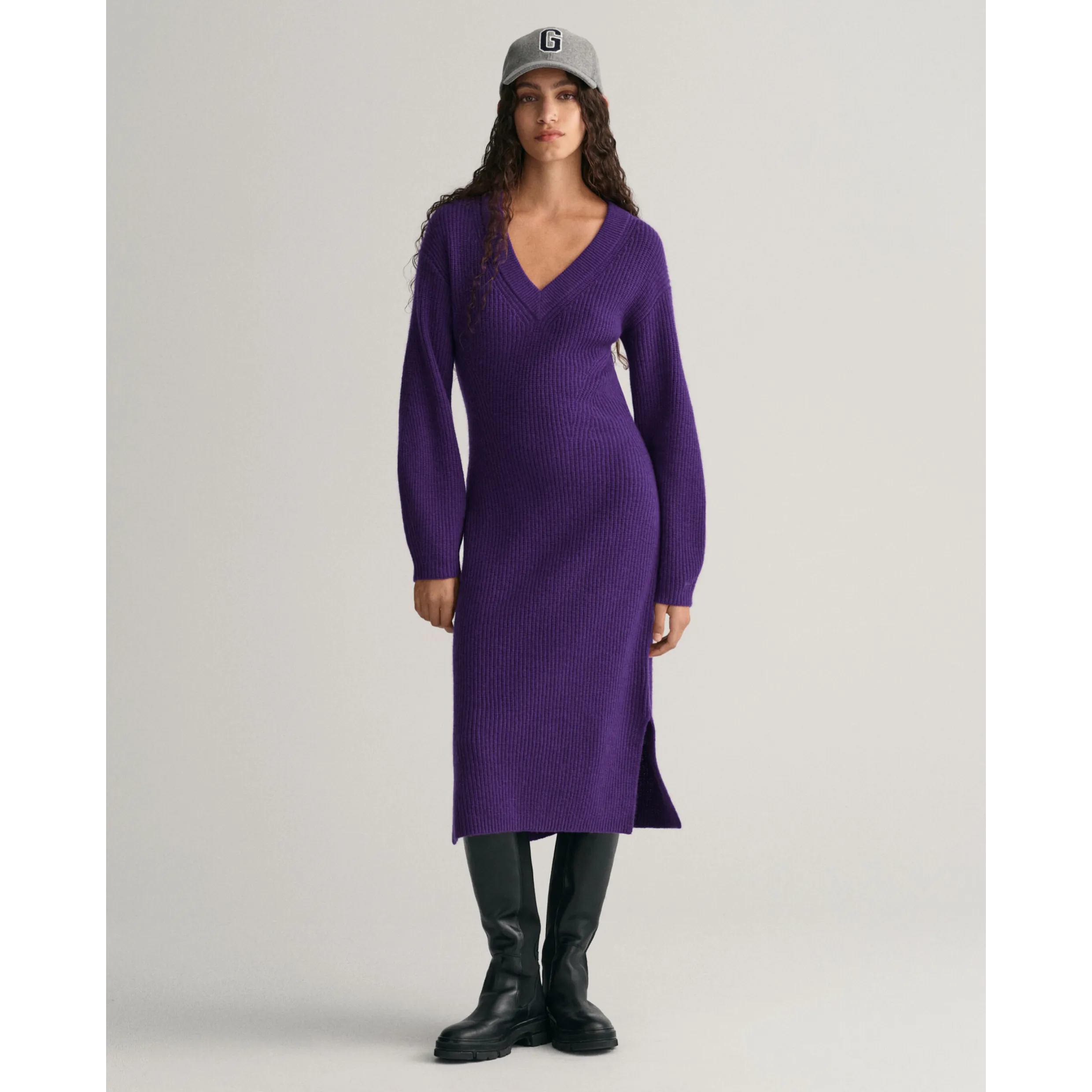 GANT Wool Rib V Neck Dress In Purple 2068