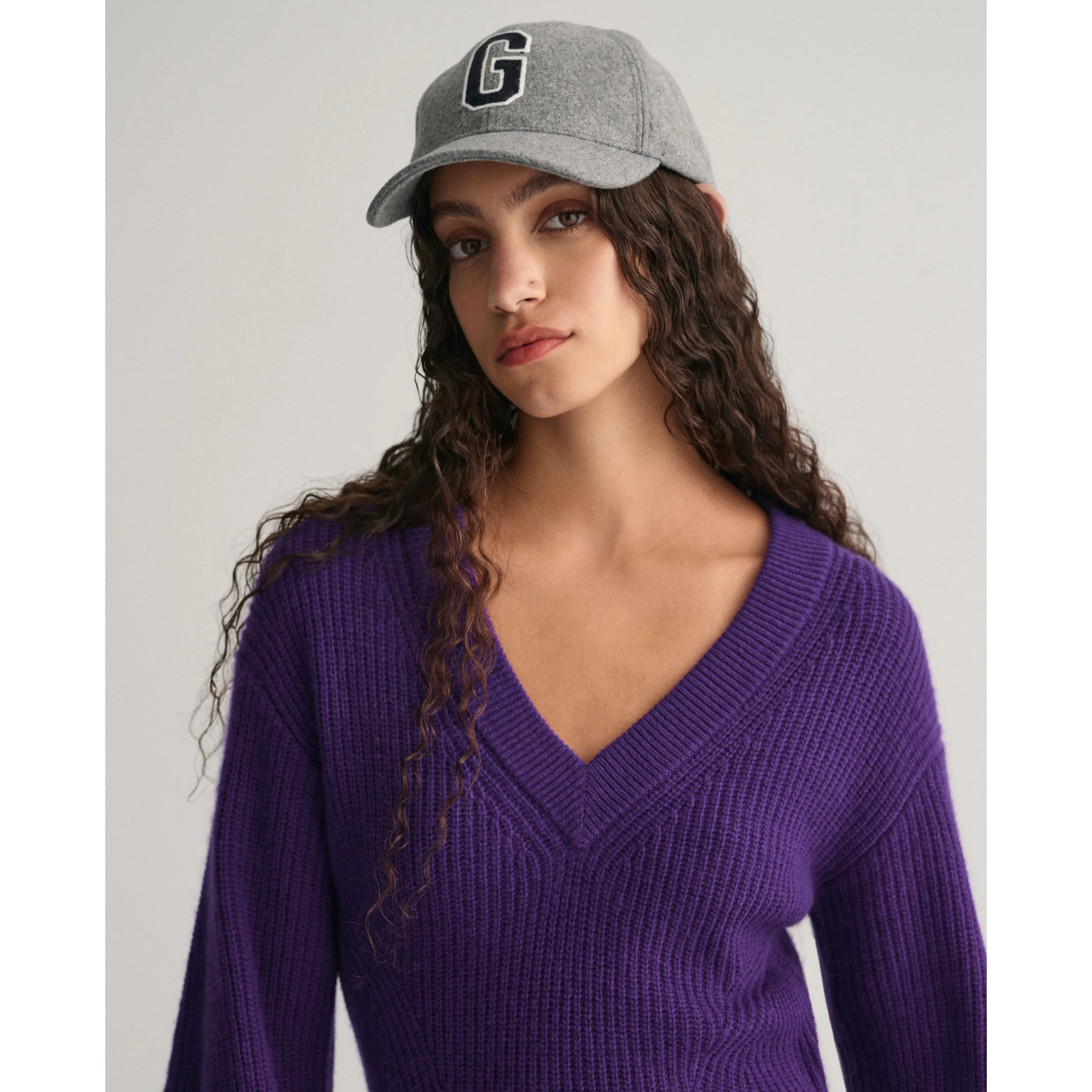 GANT Wool Rib V Neck Dress In Purple 2068