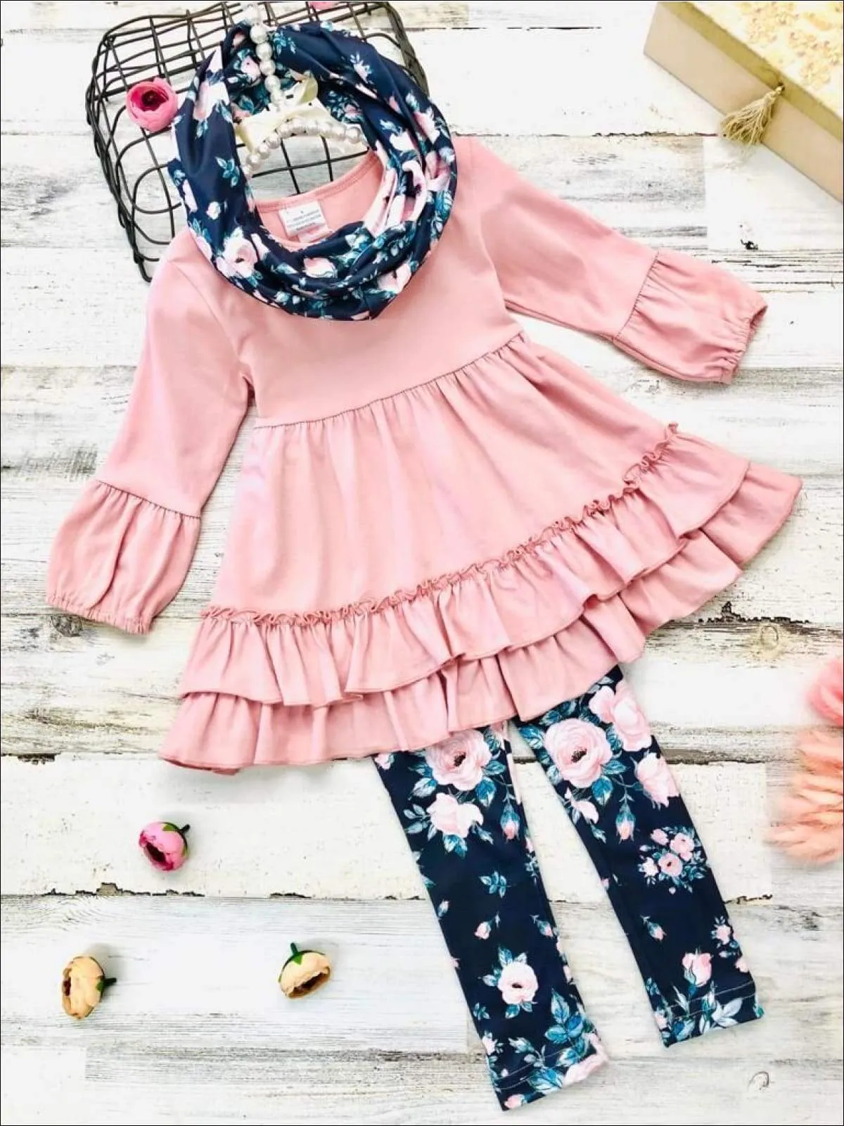 Girls 3/4 Sleeve Double Ruffle Pink Tunic, Floral Leggings and Scarf Set