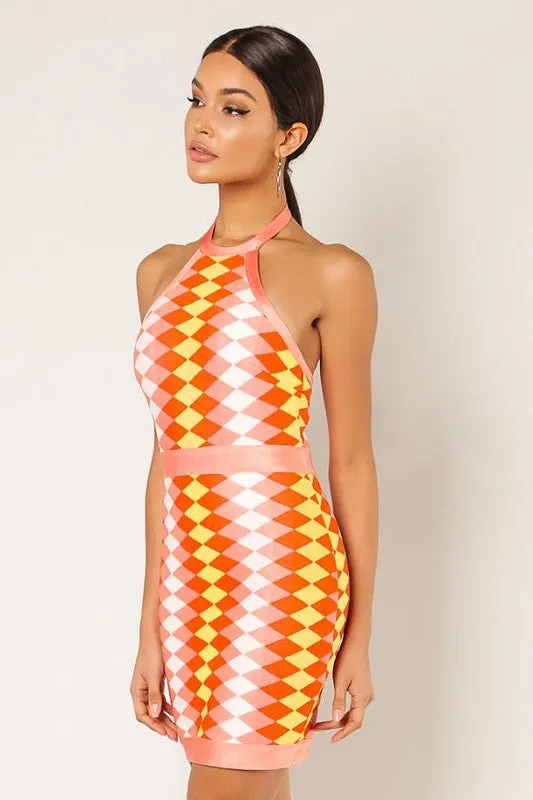 Halter Geometric Print Dress - Orange