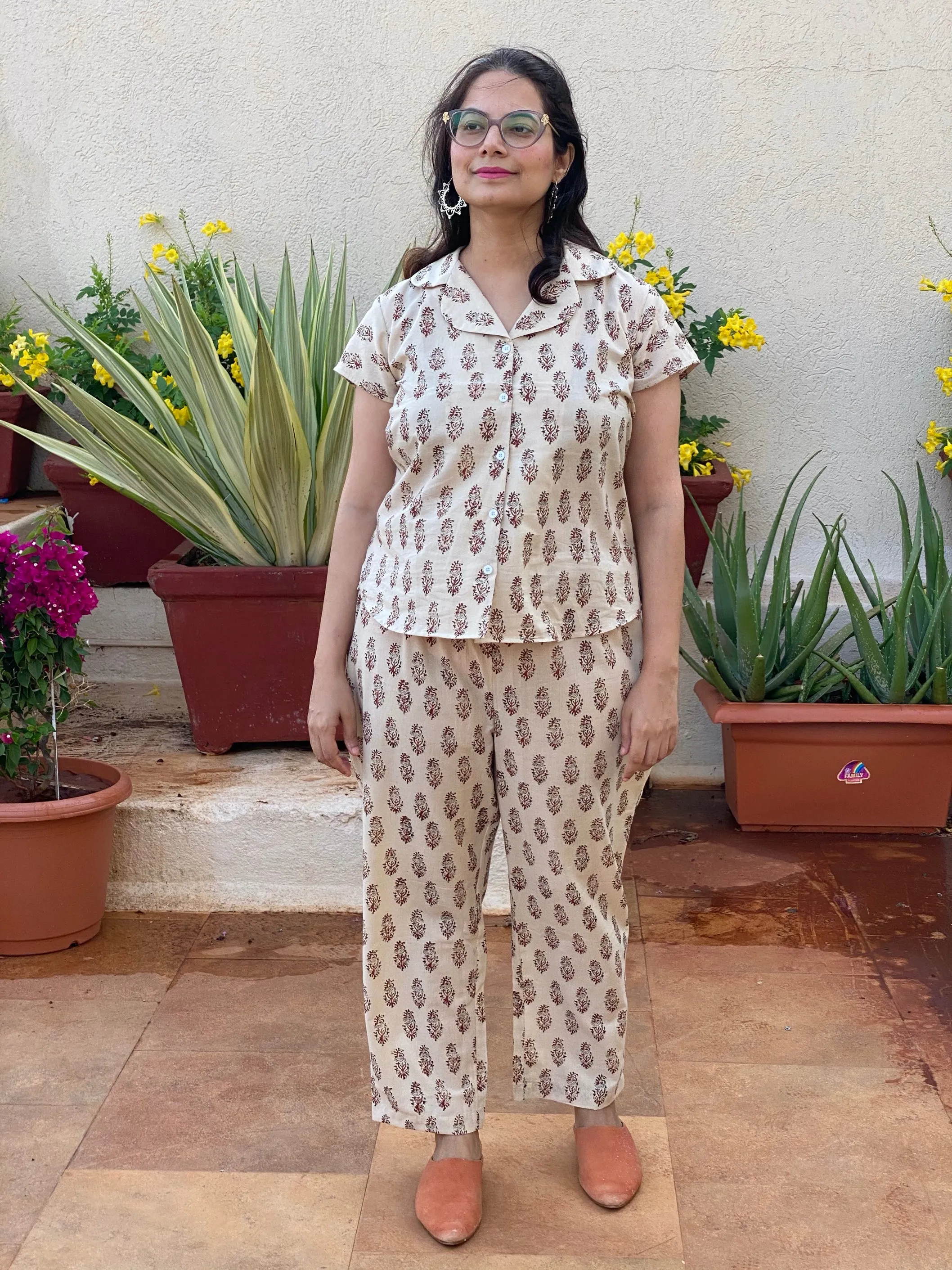 Ivory Paisley Motif Hand Block Printed Pjs | Organic Cotton Notched Collared Front Buttoned Pajama Set