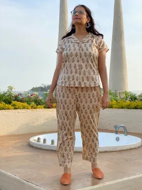 Ivory Paisley Motif Hand Block Printed Pjs | Organic Cotton Notched Collared Front Buttoned Pajama Set