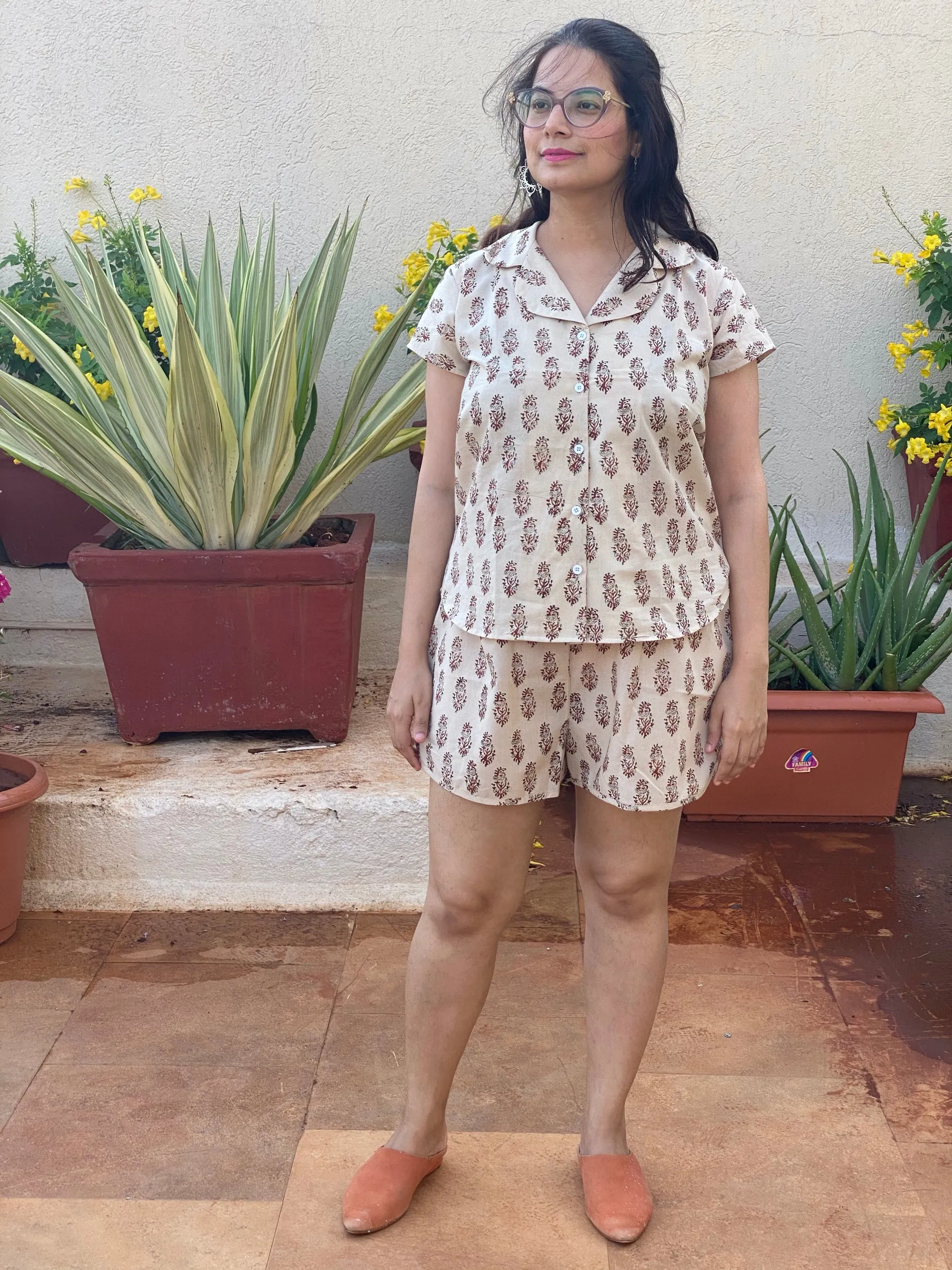 Ivory Paisley Motif Hand Block Printed Pjs | Organic Cotton Notched Collared Front Buttoned Pajama Set