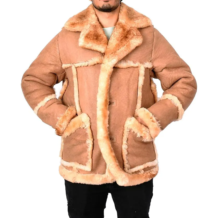 Men’s Luxurious Warm Winter Genuine Shearling Sheepskin Fur Coat Tyrell Tan