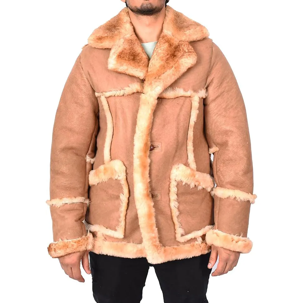 Men’s Luxurious Warm Winter Genuine Shearling Sheepskin Fur Coat Tyrell Tan