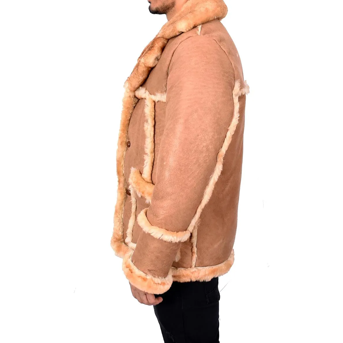 Men’s Luxurious Warm Winter Genuine Shearling Sheepskin Fur Coat Tyrell Tan