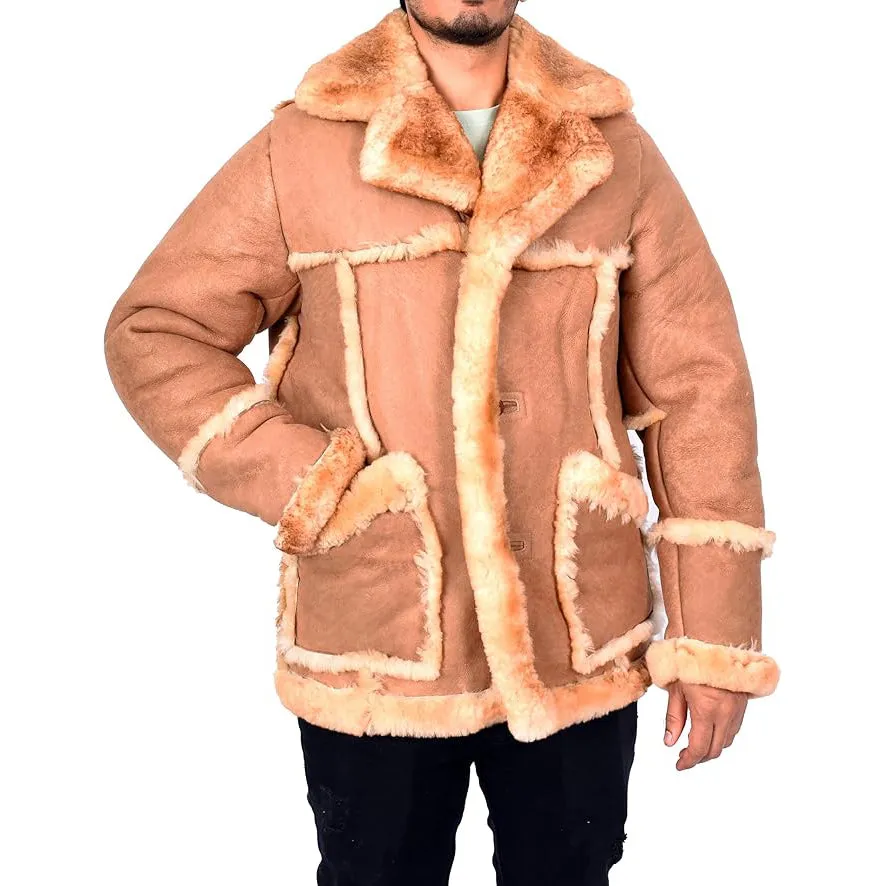 Men’s Luxurious Warm Winter Genuine Shearling Sheepskin Fur Coat Tyrell Tan