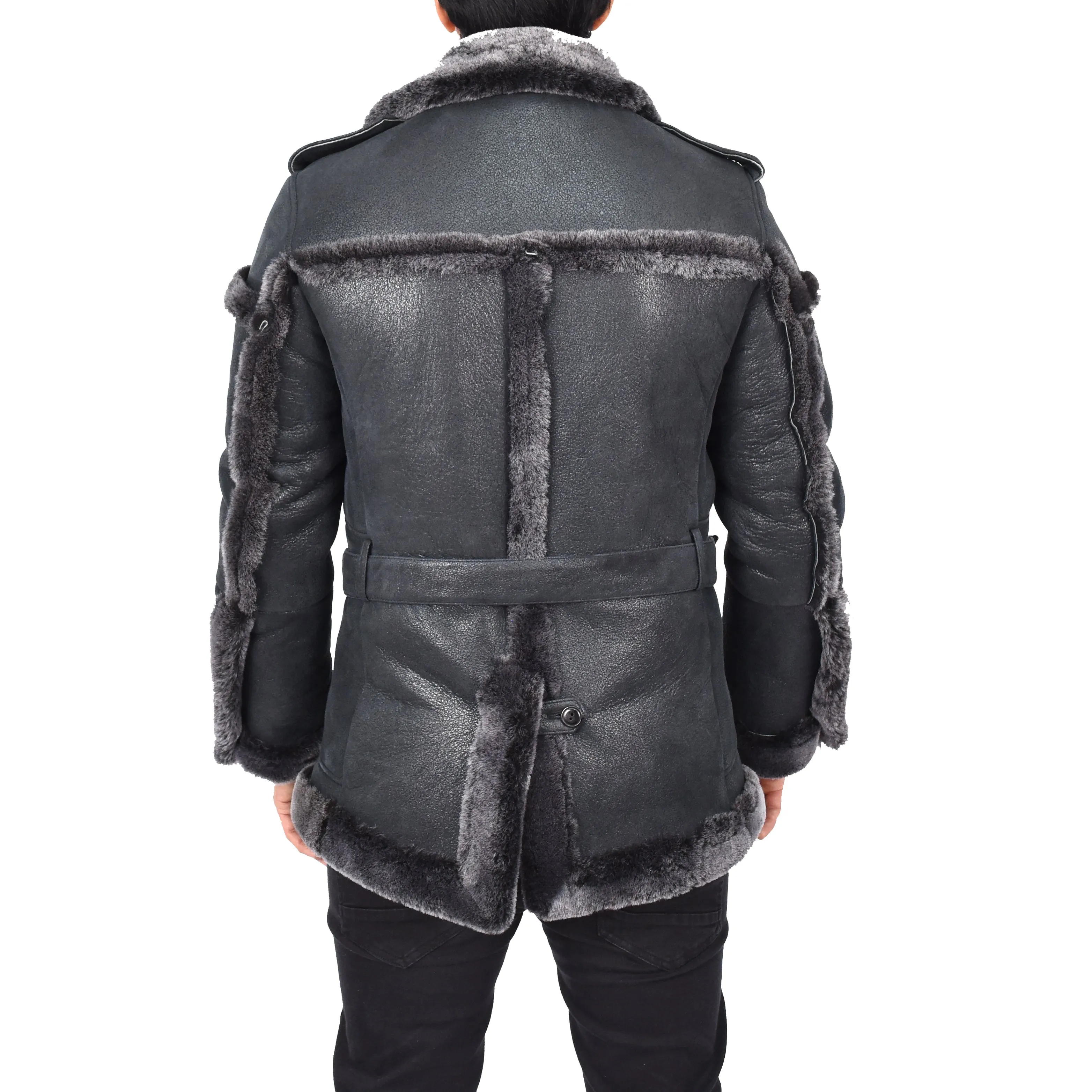 Mens Merino Sheepskin Suede Jacket with Shoulder Epaulettes Gandalf Black