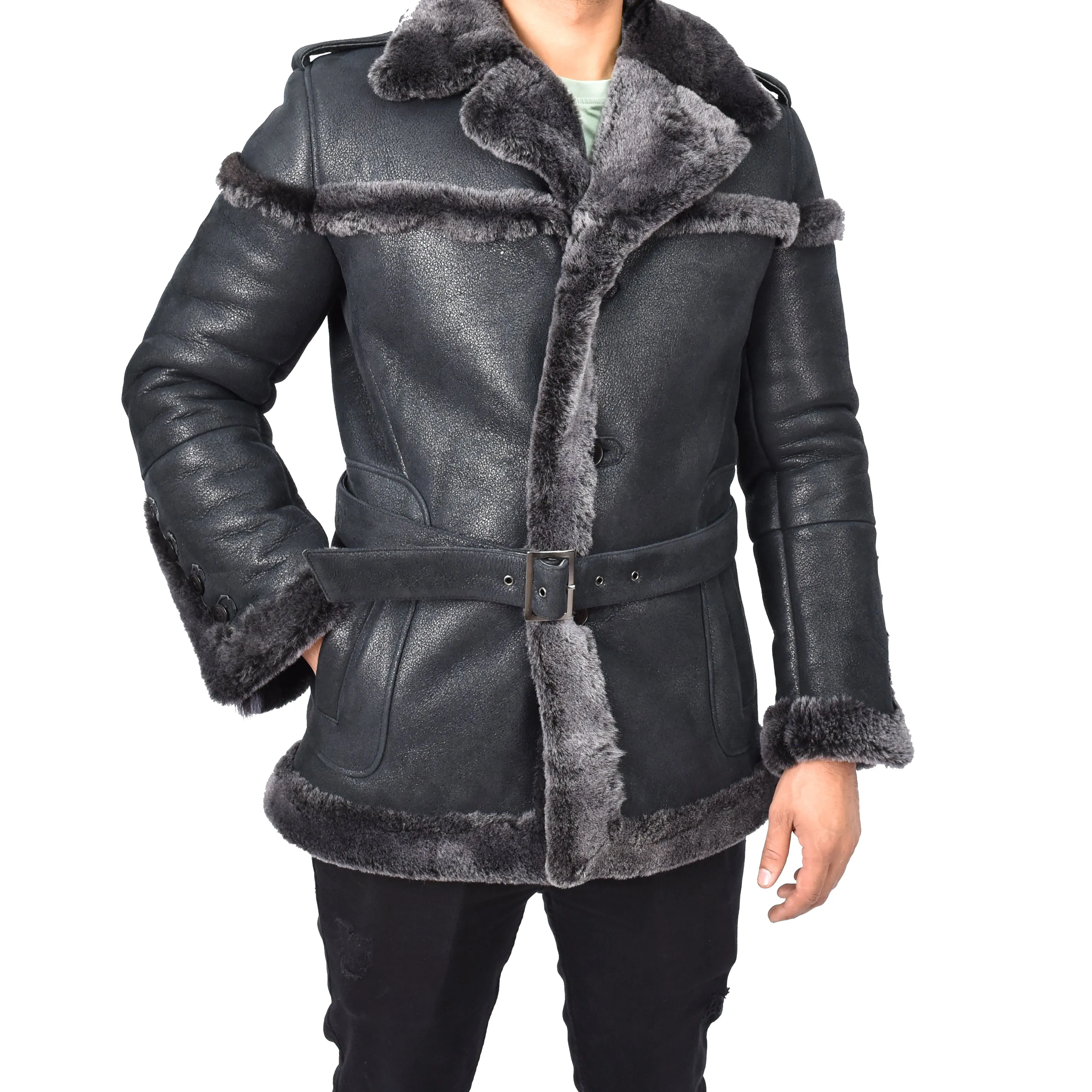 Mens Merino Sheepskin Suede Jacket with Shoulder Epaulettes Gandalf Black