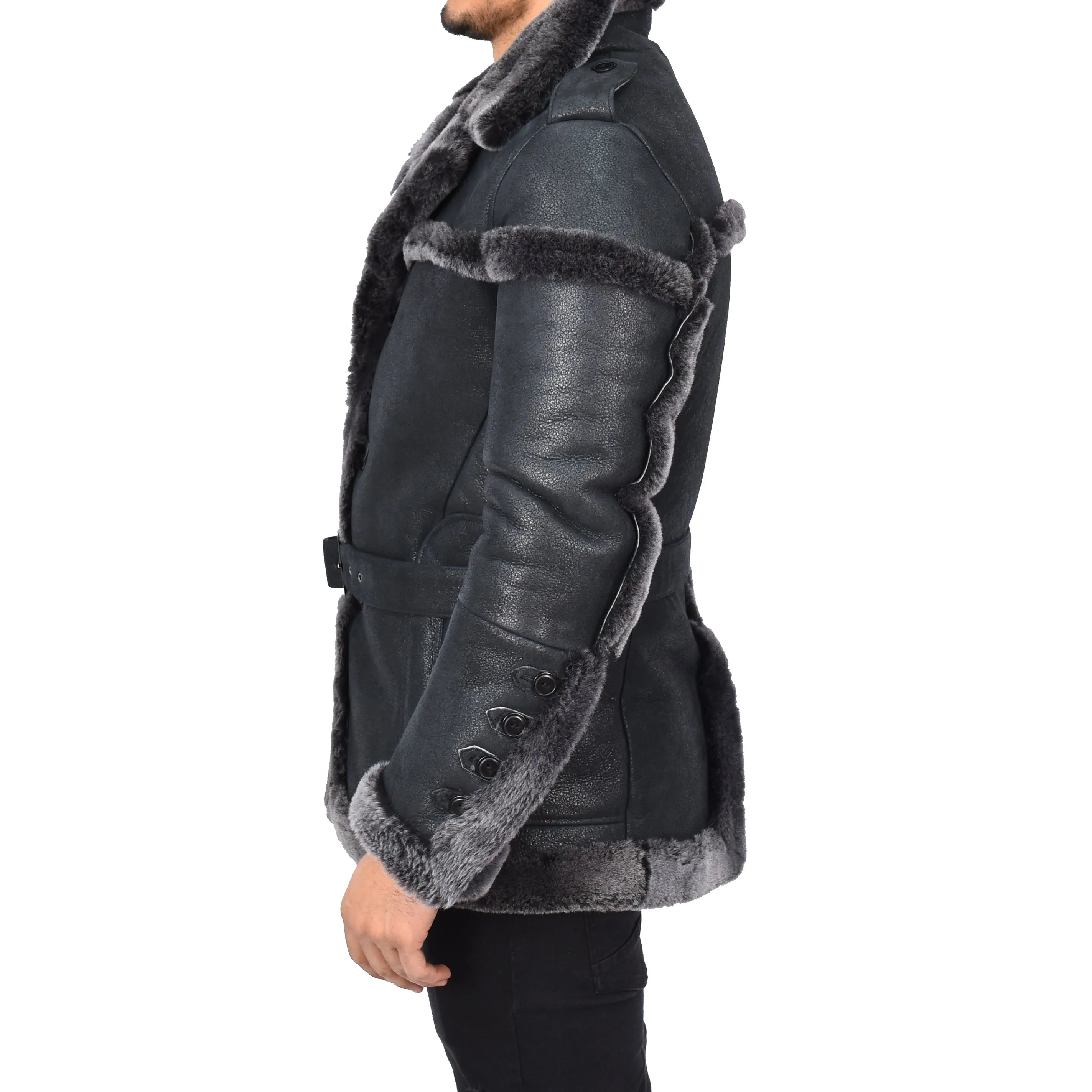 Mens Merino Sheepskin Suede Jacket with Shoulder Epaulettes Gandalf Black