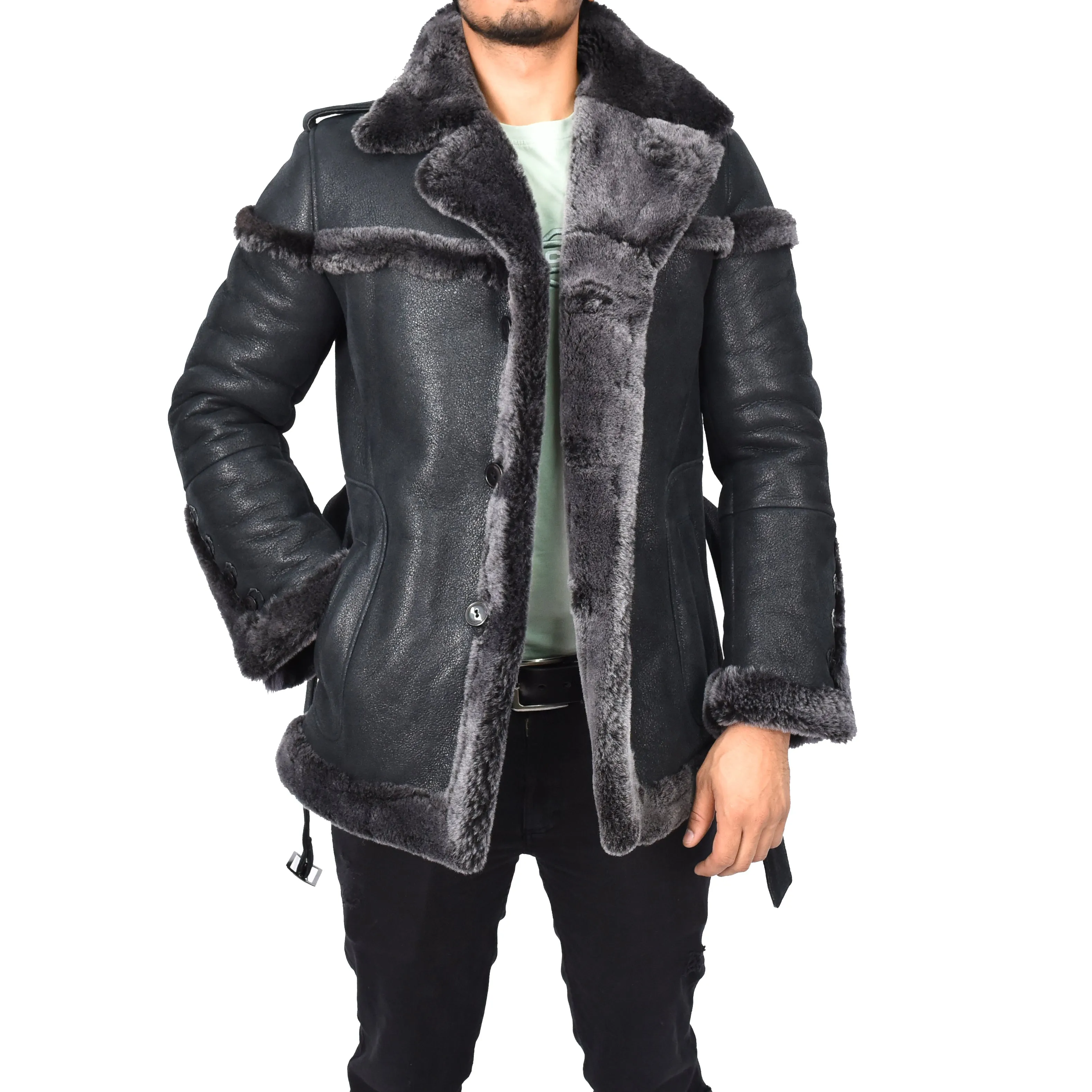Mens Merino Sheepskin Suede Jacket with Shoulder Epaulettes Gandalf Black