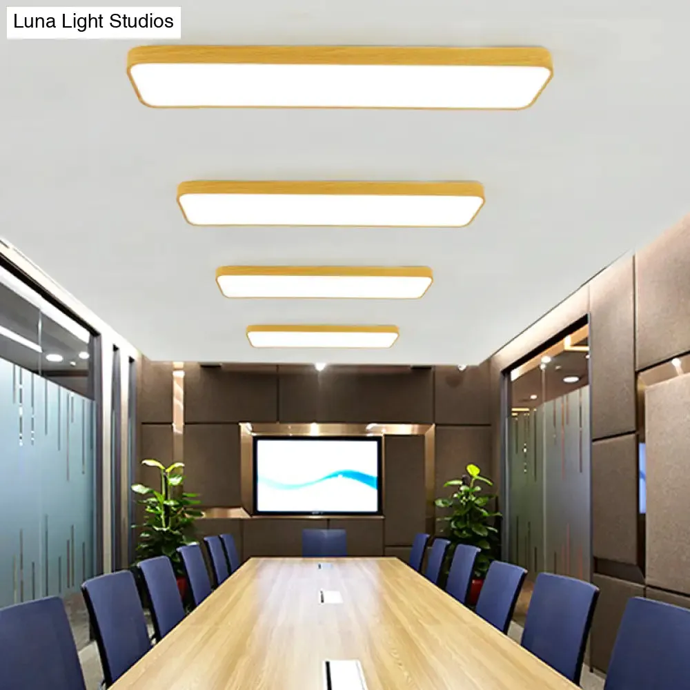 Minimalistic LED Aluminum Flush Mount Ceiling Light with Light-Wood Grain Rectangle Design