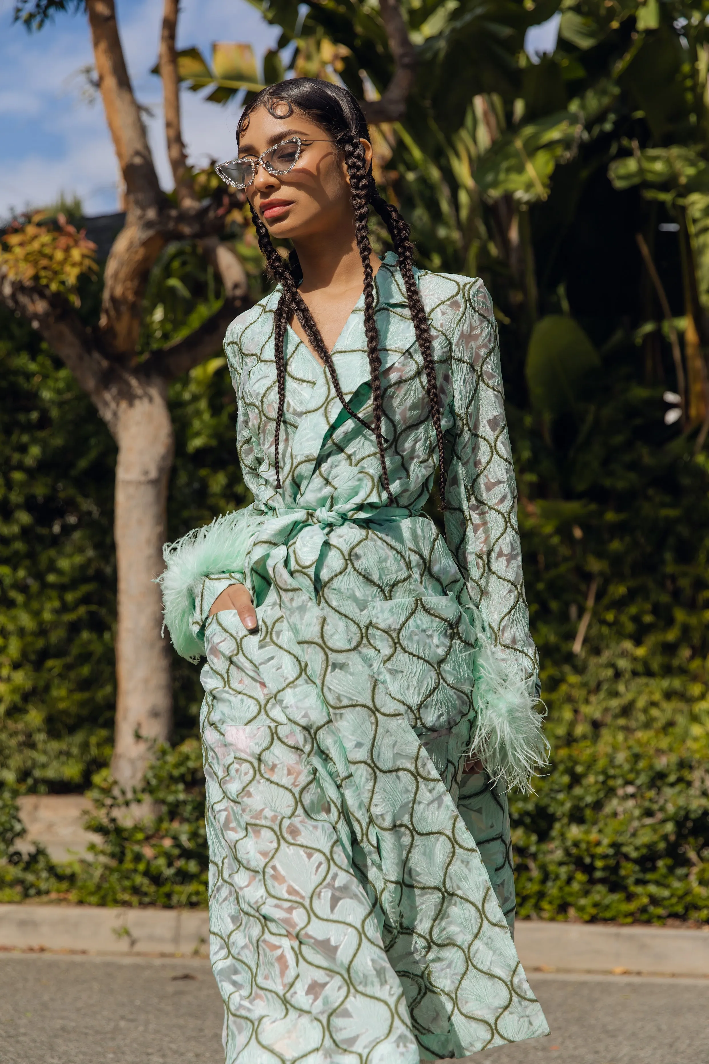 Mint Coat № 23 With Detachable Feathers Cuffs