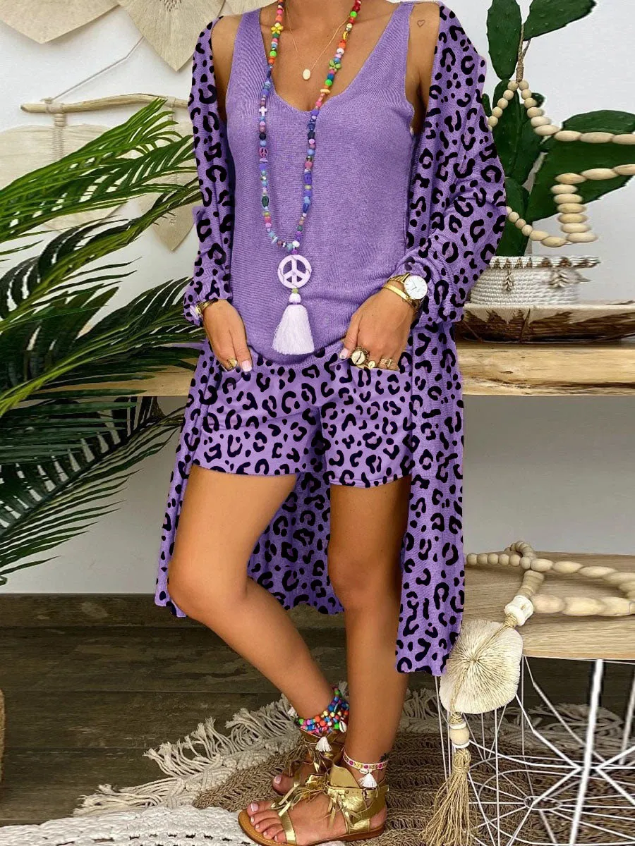 Retro Casual Loose Vest Tops Shorts Coat Leopard Three Piece Set