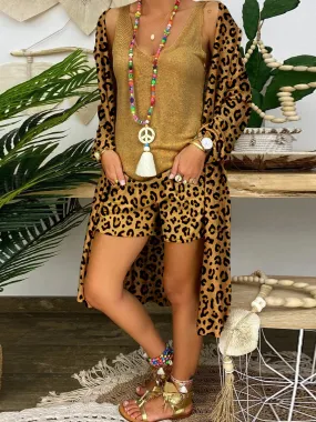 Retro Casual Loose Vest Tops Shorts Coat Leopard Three Piece Set