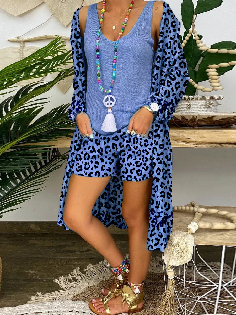 Retro Casual Loose Vest Tops Shorts Coat Leopard Three Piece Set