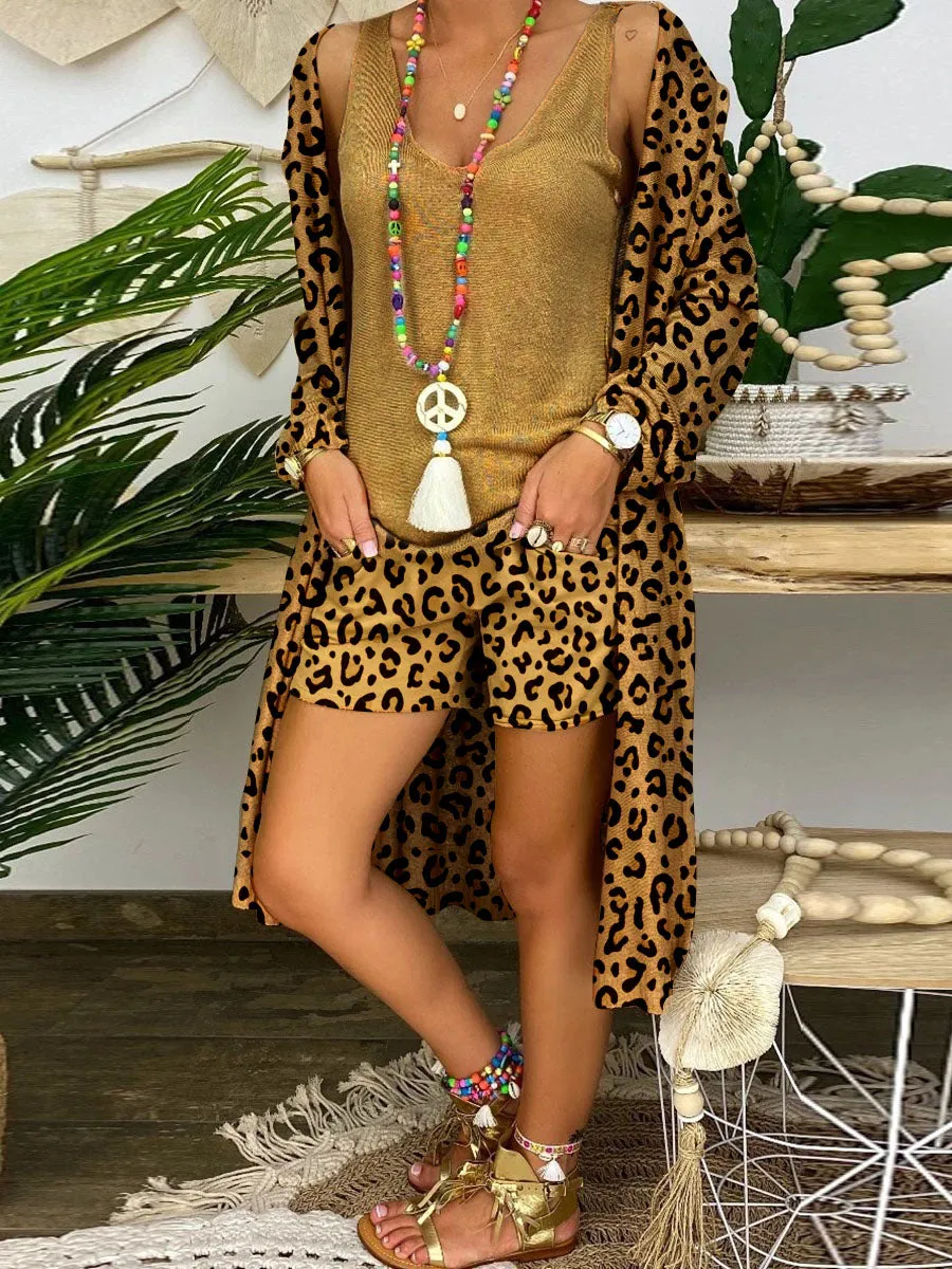 Retro Casual Loose Vest Tops Shorts Coat Leopard Three Piece Set