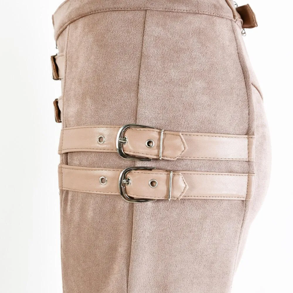 Sexy Buckle Suede Bodycon Skinny Ankle Length Pants