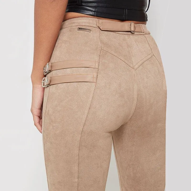 Sexy Buckle Suede Bodycon Skinny Ankle Length Pants