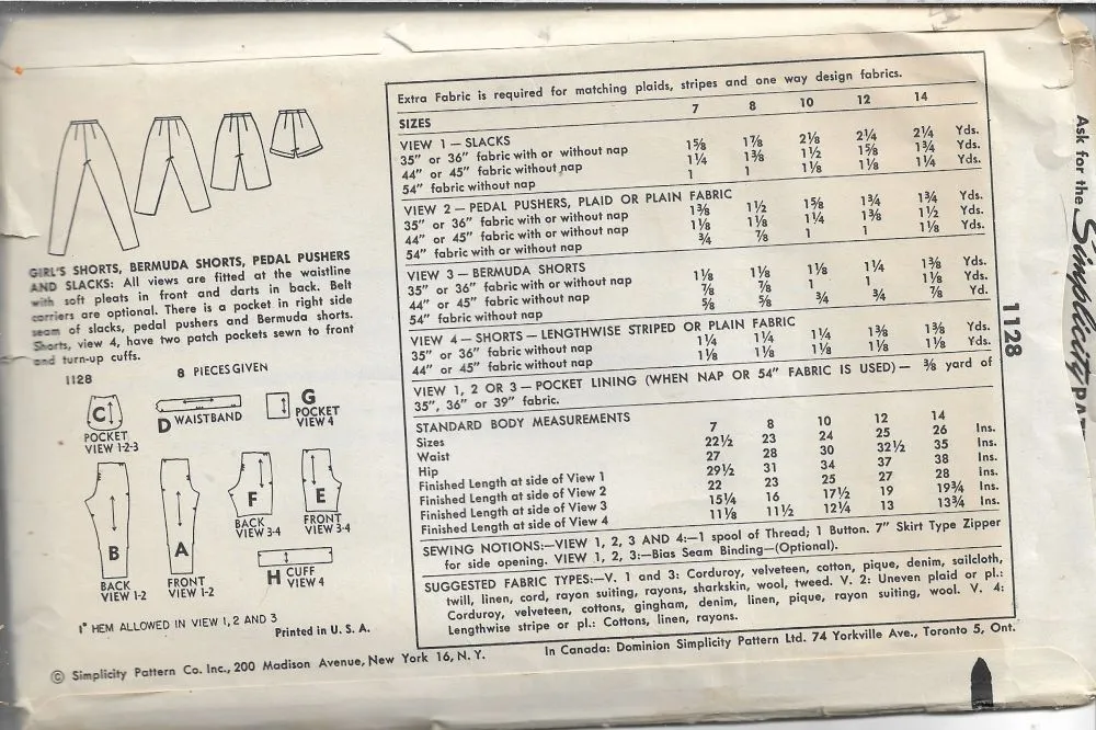 Simplicity 1128 Girls Bermuda Shorts Pedal Pusher Pants Vintage Sewing Pattern 1950s