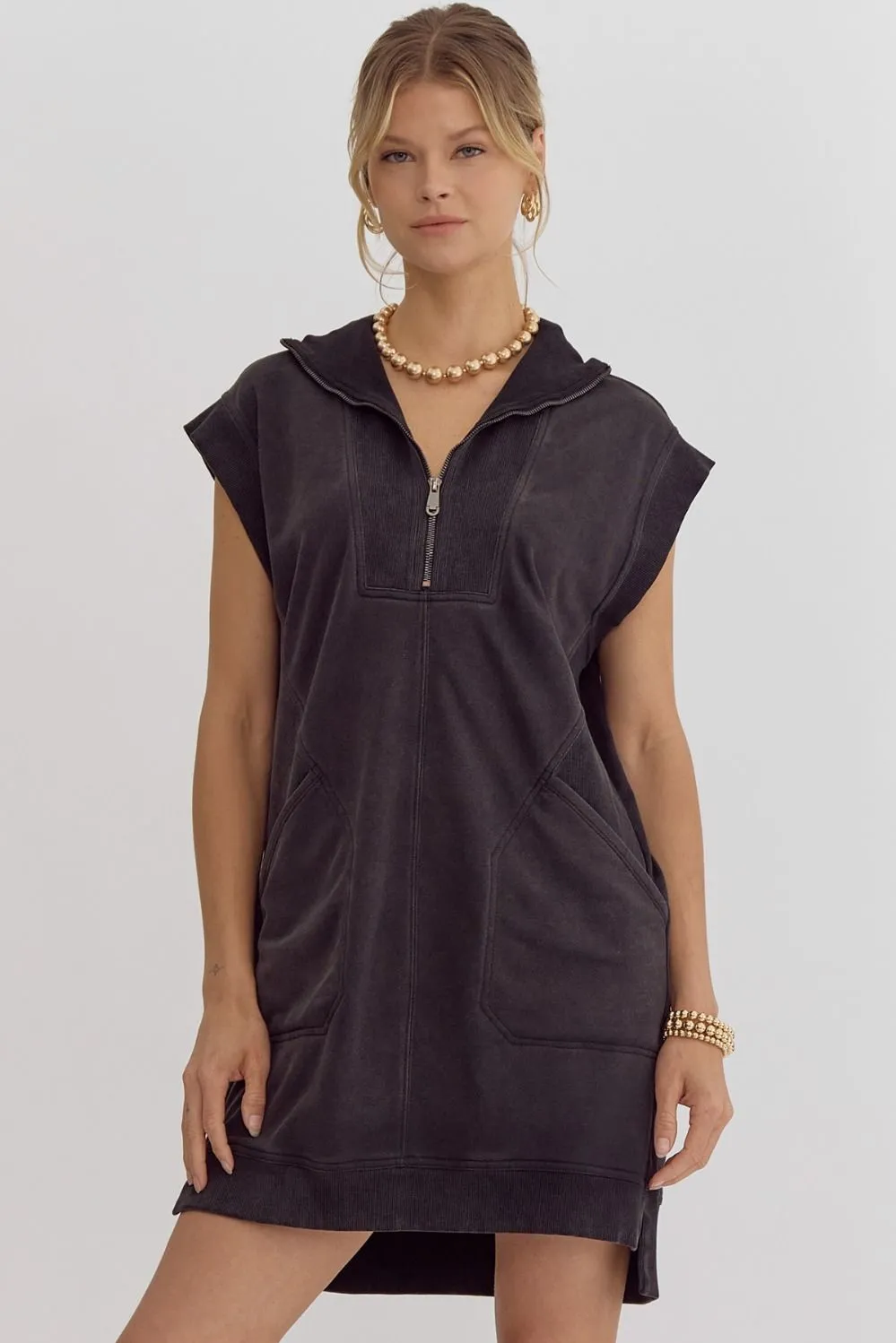 Solid Mock Neck Mini Dress - Black