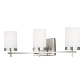 Zire 3-Light Bath in Brushed Nickel with Etched & White Inside Glass
